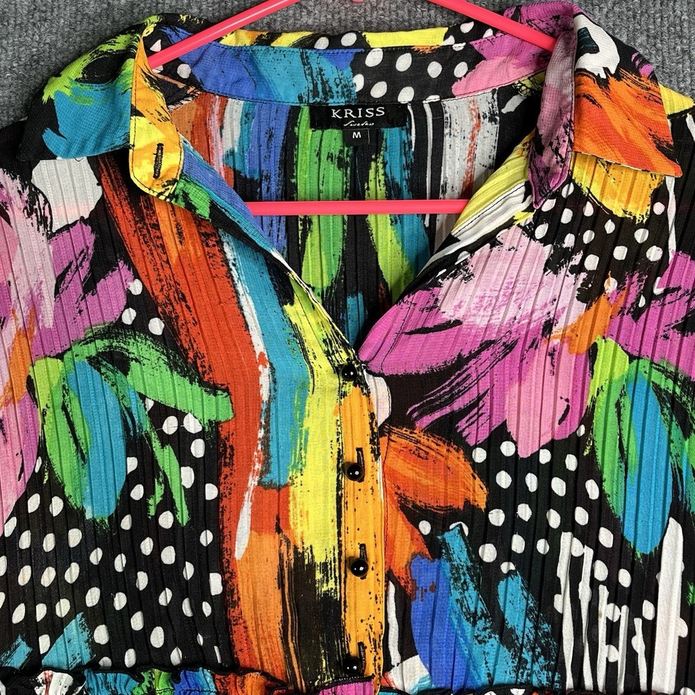 KRISS Sweden Pleated Tunic‎ Top Sz M Multicolor Abstract Vibrant Button Down Y2K - Picture 2 of 7